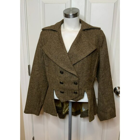 Great Scot! Lady Mary Brown Herringbone Wool Tweed Double Breasted Jacket Sz 12 - Picture 1 of 7